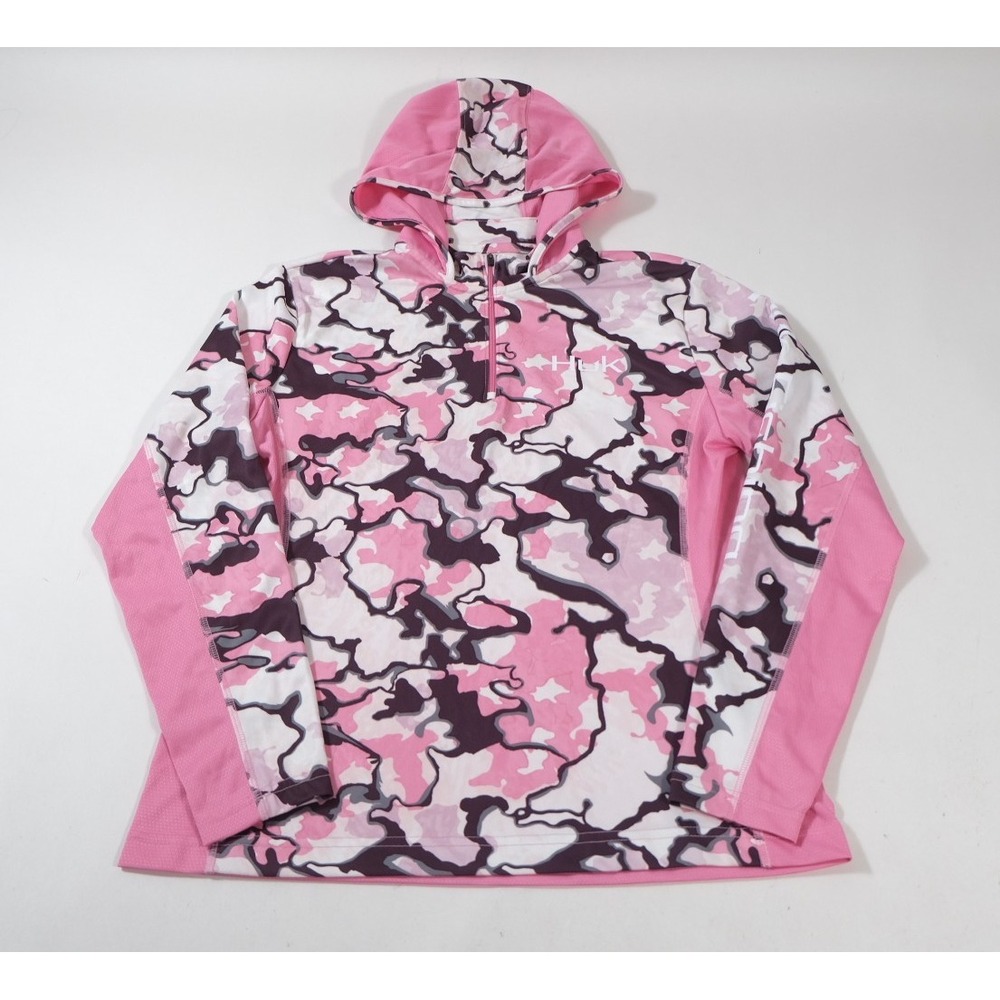 Huk Hoodie Women Large Pink Camo Quarter Zip Performance Fishing Activewear Top